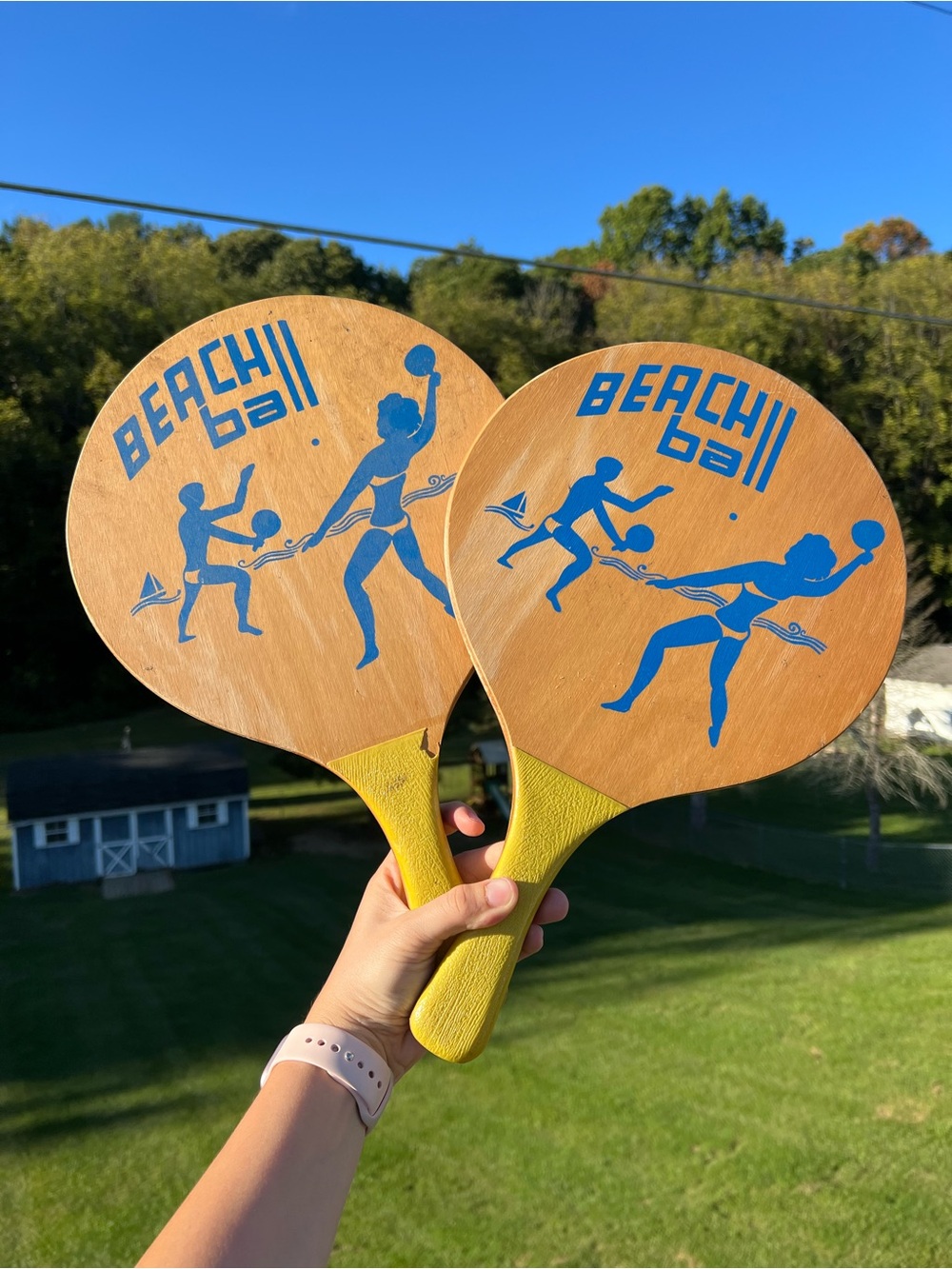Vintage Set of 2 Wood Beach Ball Paddles w/ Yellow Handles - Usable or for Decor